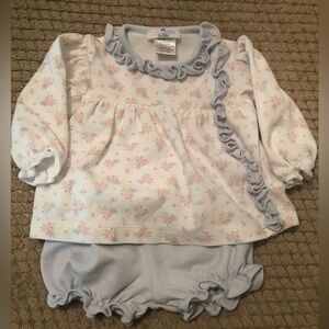 Precious Baby Diaper set with Ruffle Trim. Pink floral with blue trim.